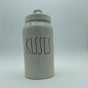 Pre Owned Rae Dunn Valentine White With Red Lettering  Kisses Canister With Lid